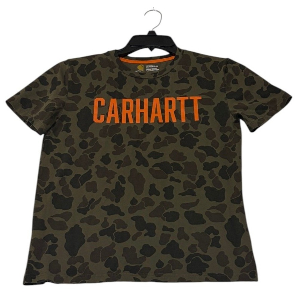 Carhartt Boys Camo Logo Graphic T-Shirt Green Camouflage Orange Size M 10-12